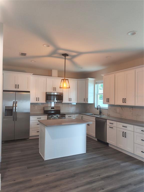 A kitchen features white cabinets, stainless steel appliances, a center island, and gray flooring — 4013 E CURTIS STREET, TAMPA, FL