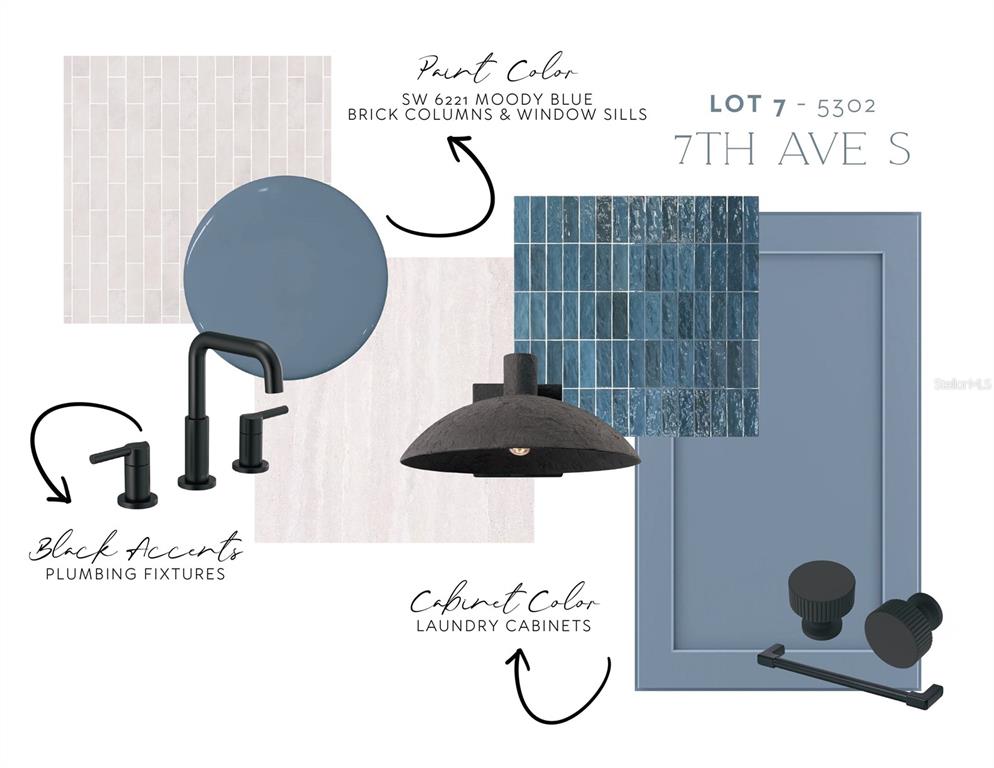 This design board displays blue paint, cabinet samples, black plumbing fixtures, and tile textures for a home — 5302 7TH AVENUE S, GULFPORT, FL