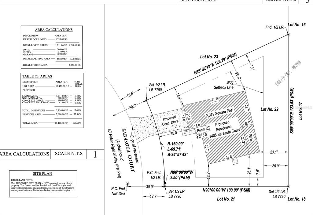 This is a site plan showing the proposed residence and lot dimensions for a property — 1405 SARASOTA COURT, POINCIANA, FL