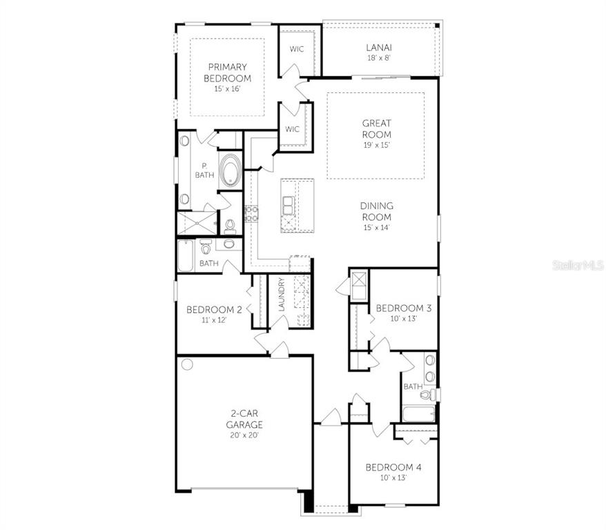 This is a floor plan for a four-bedroom home with a two-car garage and lanai — 77 WINDMILL PALM WAY, PALM COAST, FL