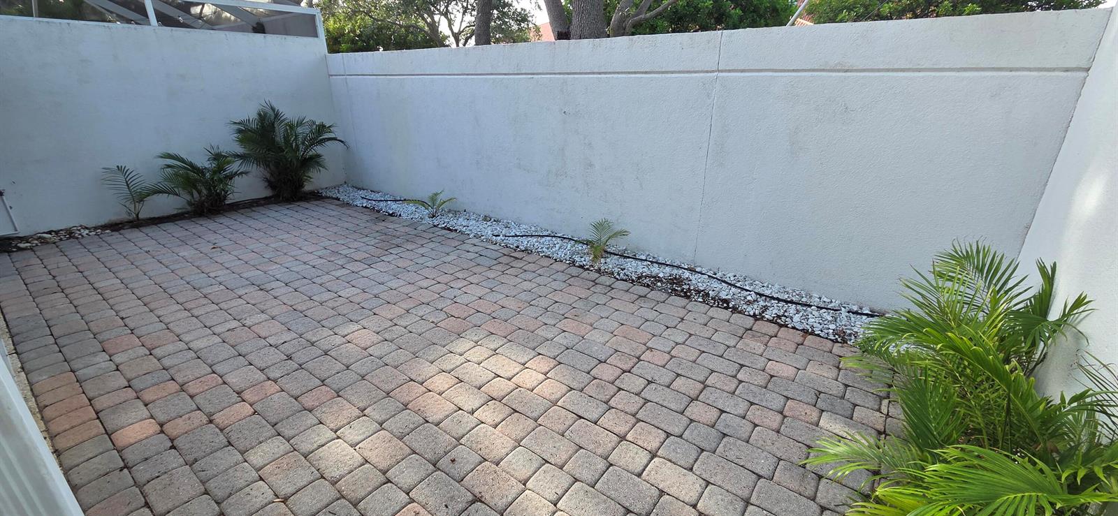 A paved patio area features a white privacy wall and small palm plants — TEQUESTA, FL