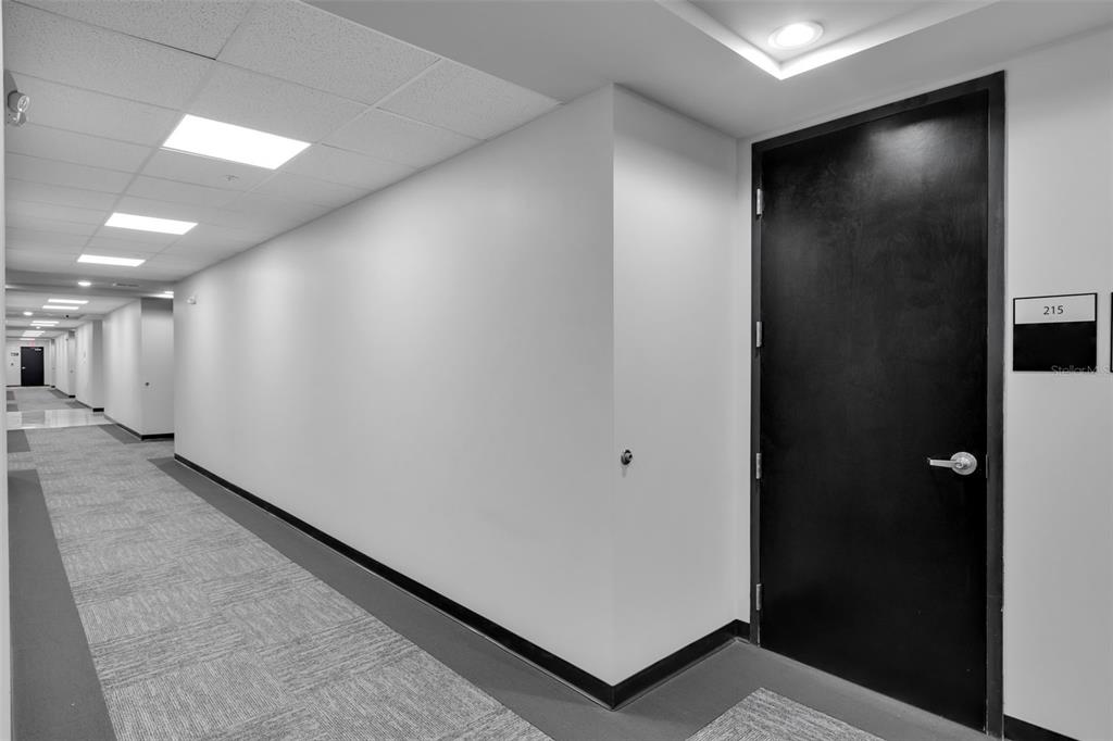 A long, brightly lit office hallway features gray carpet, white walls, and a black door — 13564 VILLAGE PARK DRIVE UNIT 215, ORLANDO, FL