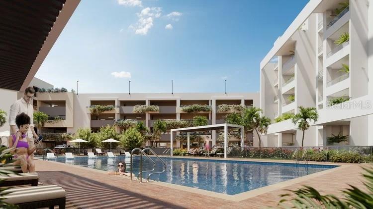 This architectural rendering shows a modern apartment complex with a swimming pool and lounge area — Km 8 Via al mar SERENA DEL MAR/CARTAGENA COLOMBIA UNIT 305, CARTAGENA, NY