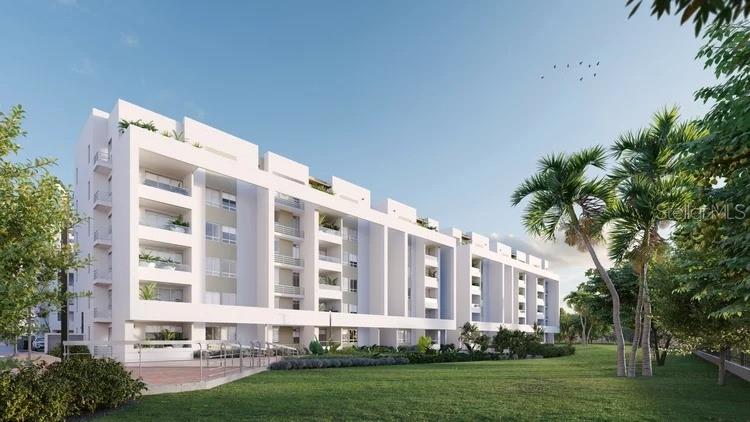 A digital rendering of a modern, multi-story white apartment building with balconies and landscaped grounds — Km 8 Via al mar SERENA DEL MAR/CARTAGENA COLOMBIA UNIT 305, CARTAGENA, NY