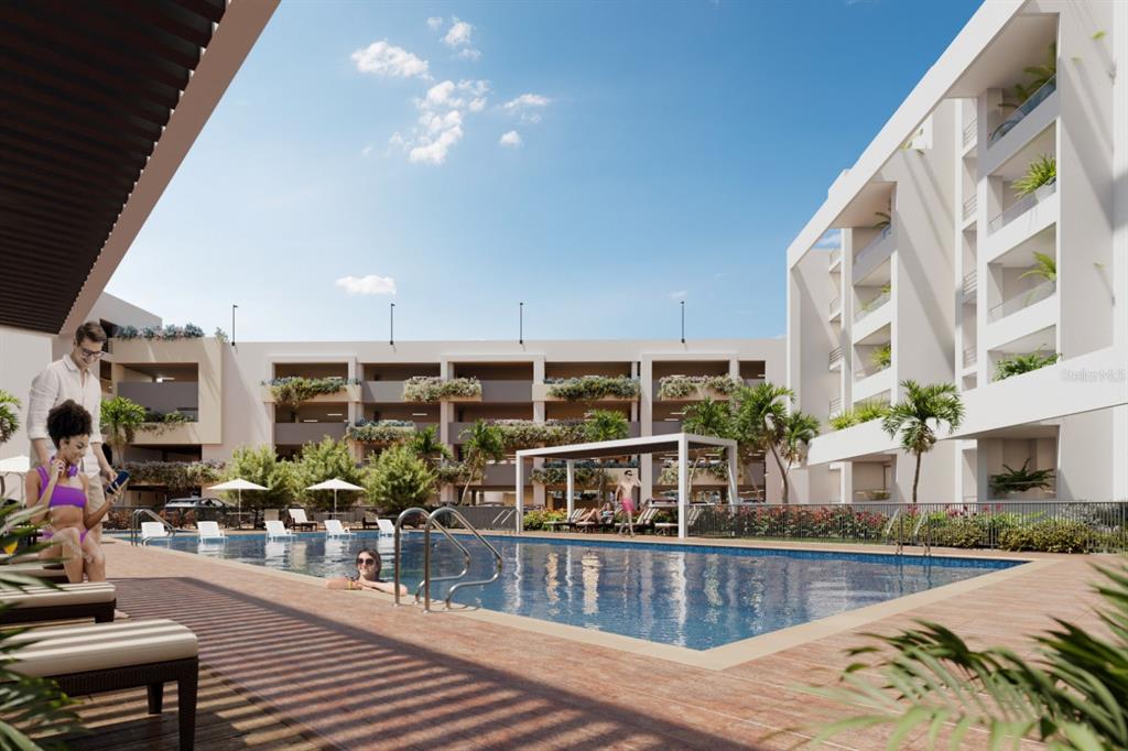 This architectural rendering shows a swimming pool surrounded by a deck and modern apartment buildings — Km 8 Via al mar SERENA DEL MAR/CARTAGENA COLOMBIA UNIT 305, CARTAGENA, NY