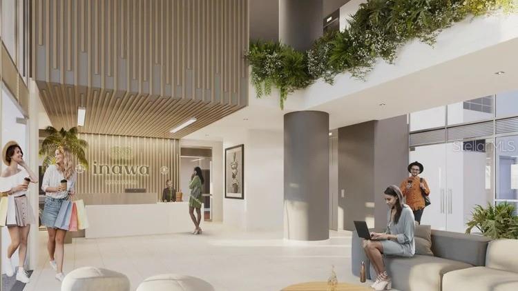This rendering shows a modern lobby with a reception desk, seating area, and hanging plants — Km 8 Via al mar SERENA DEL MAR/CARTAGENA COLOMBIA UNIT 305, CARTAGENA, NY