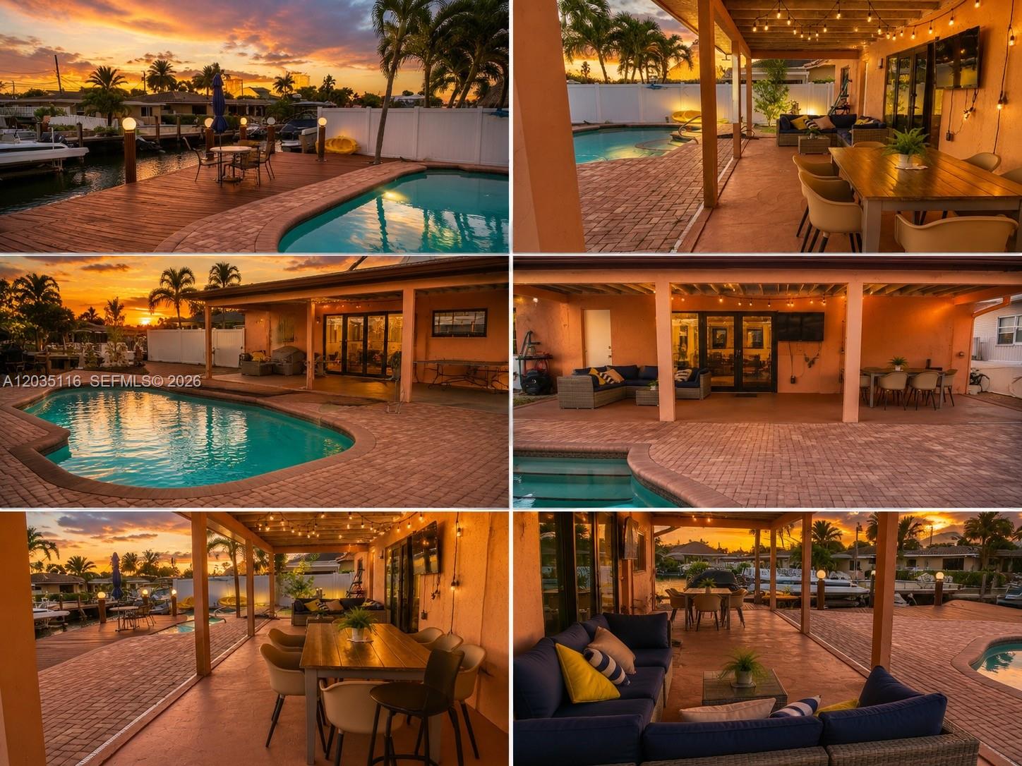 A patio with a pool and dining area overlooks a canal at sunset — 2447 SE 15th St, Pompano Beach FL 33062, POMPANO BEACH, FL