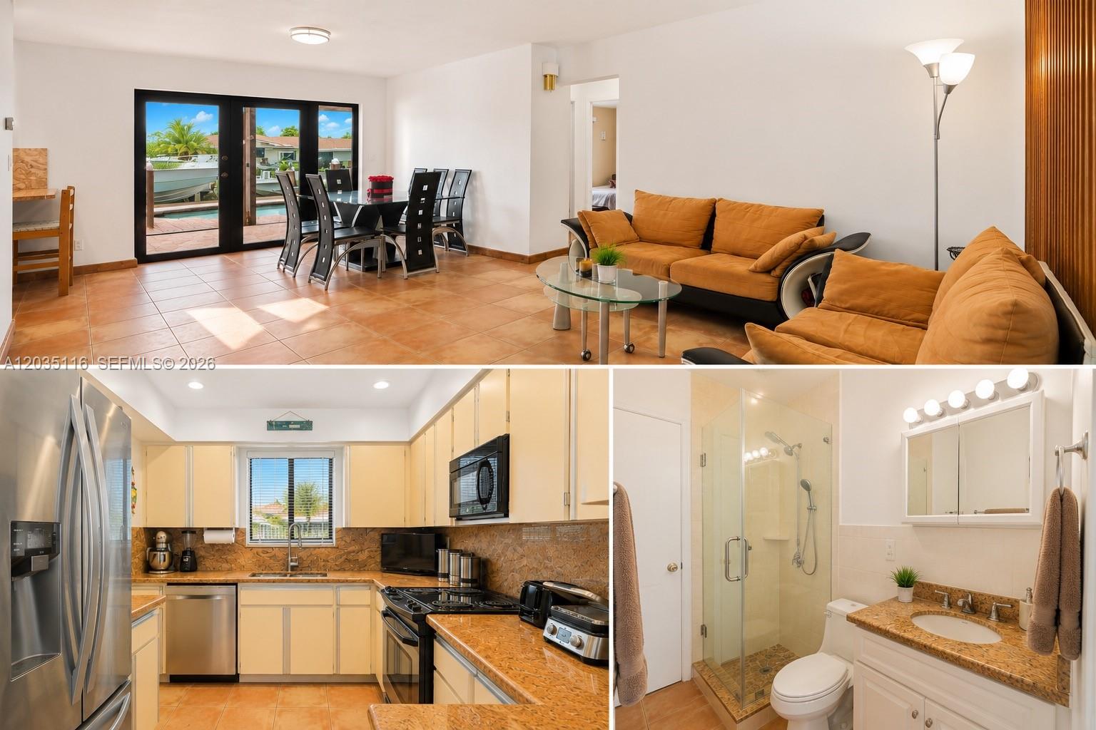 This collage shows a living area, a kitchen with granite counters, and a tiled bathroom — 2447 SE 15th St, Pompano Beach FL 33062, POMPANO BEACH, FL