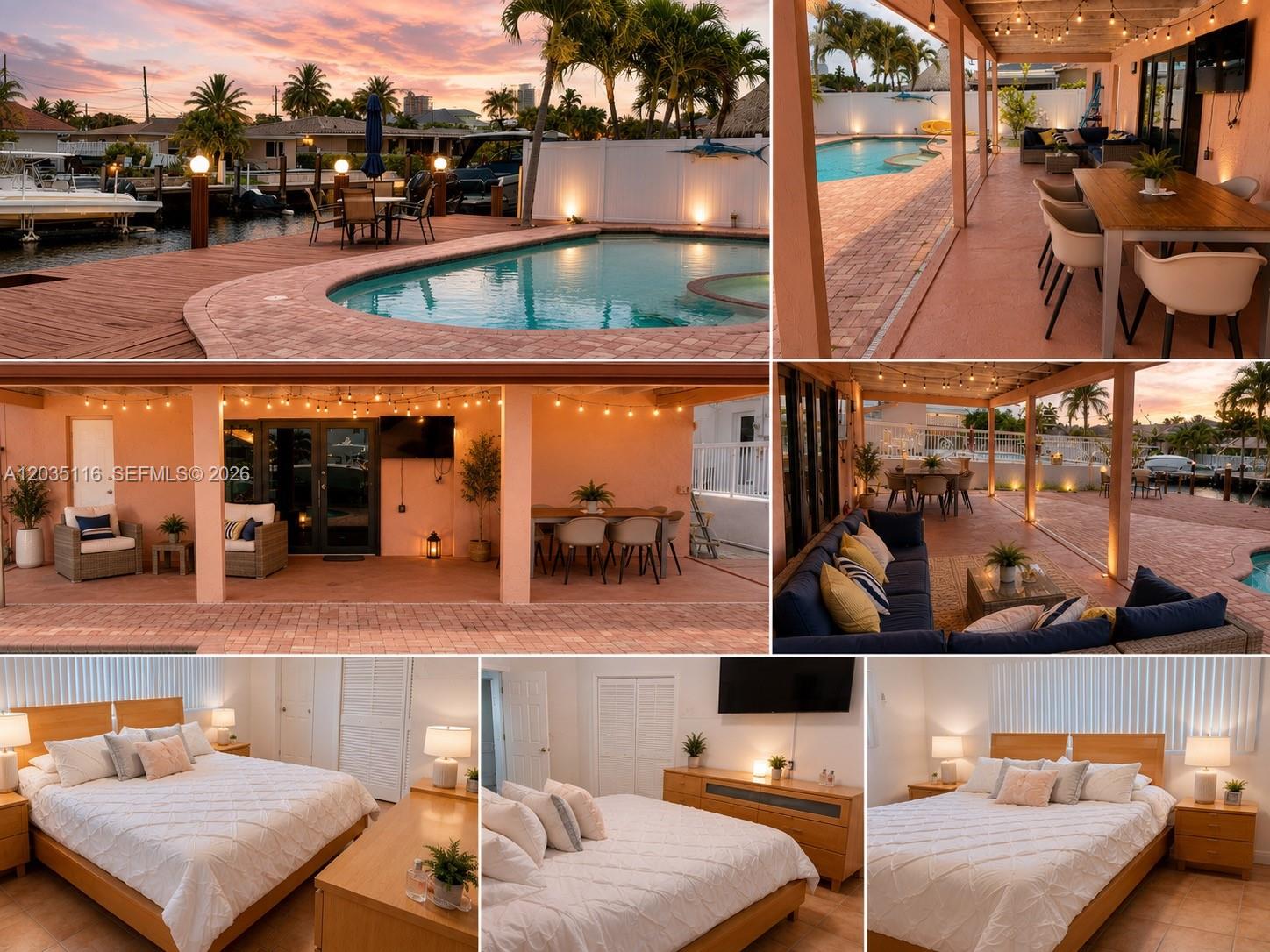 This collage shows a waterfront home with a pool, patio, and bedroom interiors — 2447 SE 15th St, Pompano Beach FL 33062, POMPANO BEACH, FL