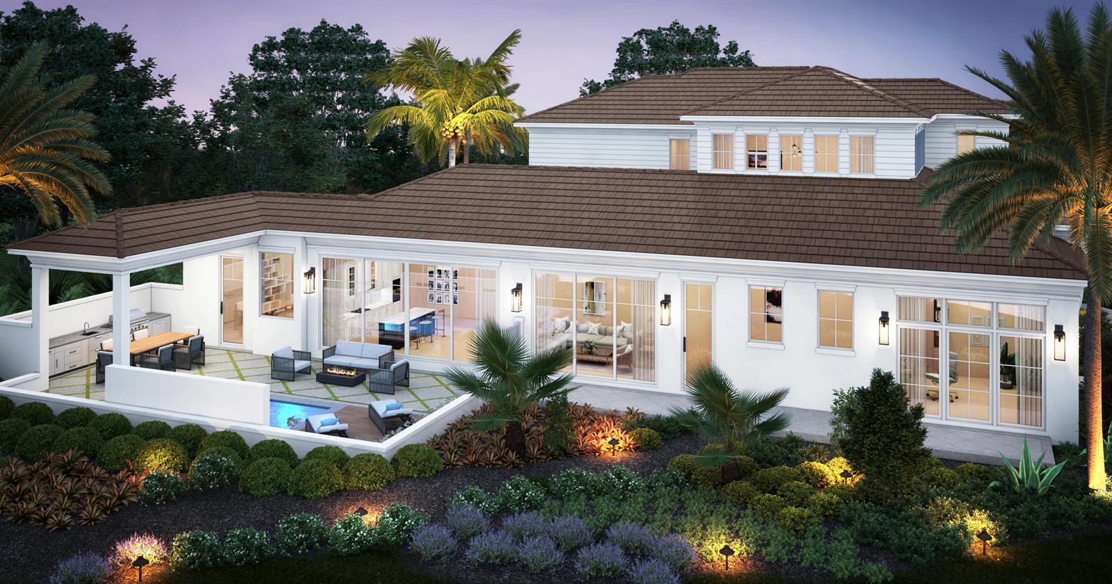 This architectural rendering shows a white two-story house with a patio, pool, and landscaping — 187 Birkdale Lane, Jupiter FL 33458, JUPITER, FL