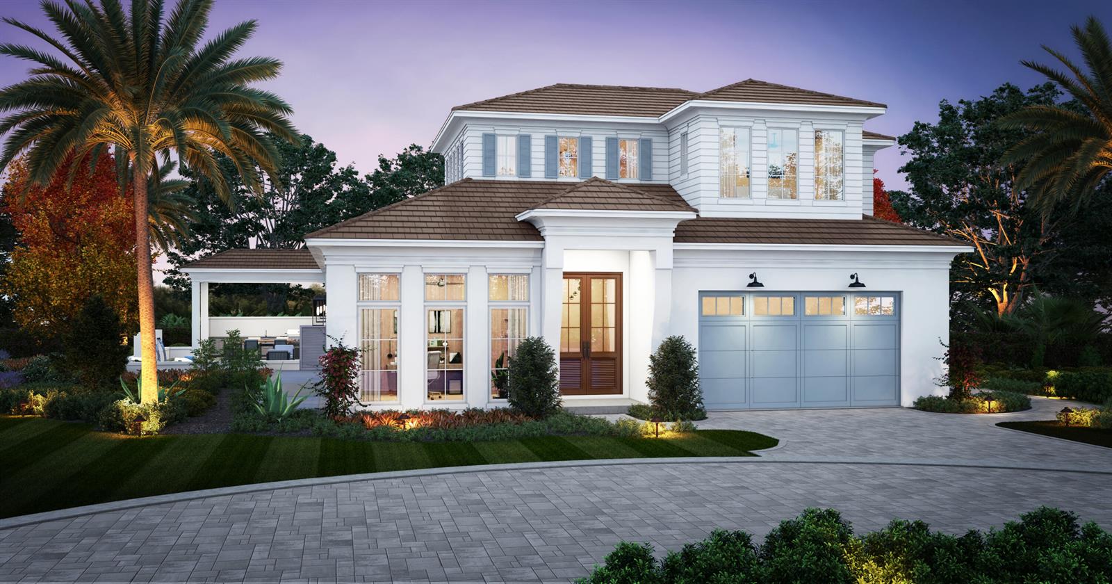 This is a digital rendering of a two-story white house with a blue garage door — 187 Birkdale Lane, Jupiter FL 33458, JUPITER, FL