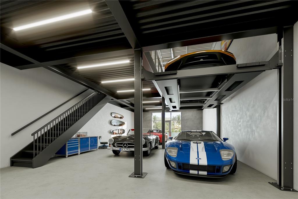 A modern garage features a car lift, a staircase, and several luxury vehicles — 5755 BESSIE DRIVE UNIT 1, SARASOTA, FL