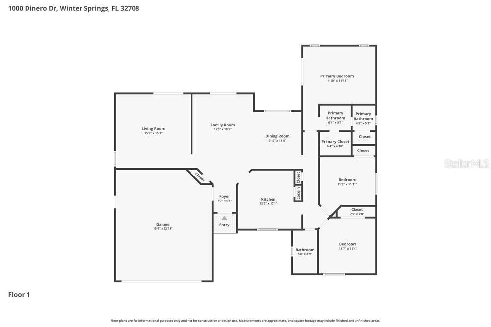This is a floor plan for a single-story house with three bedrooms and a garage — 1000 DINERO DRIVE, WINTER SPRINGS, FL