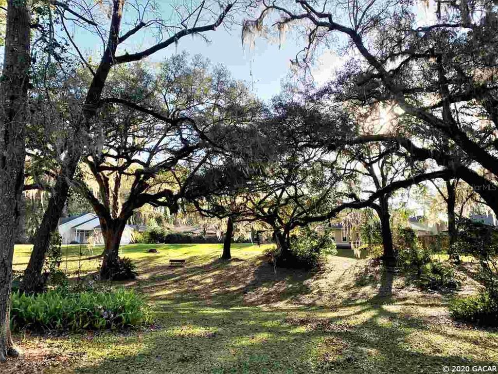 A grassy yard features large, moss-draped oak trees with houses visible in the background — 000 NW 105TH AVENUE, ALACHUA, FL