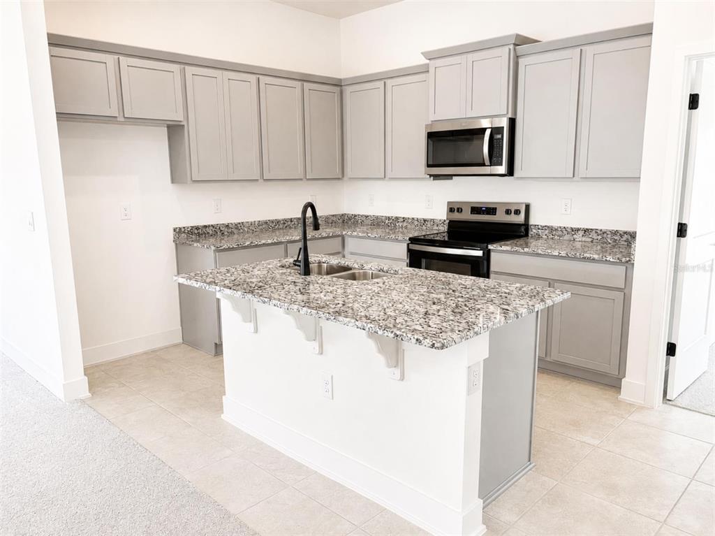 A kitchen features gray cabinets, granite countertops, a center island, and stainless steel appliances — 250 VERNY GROVE LANE, LEESBURG, FL