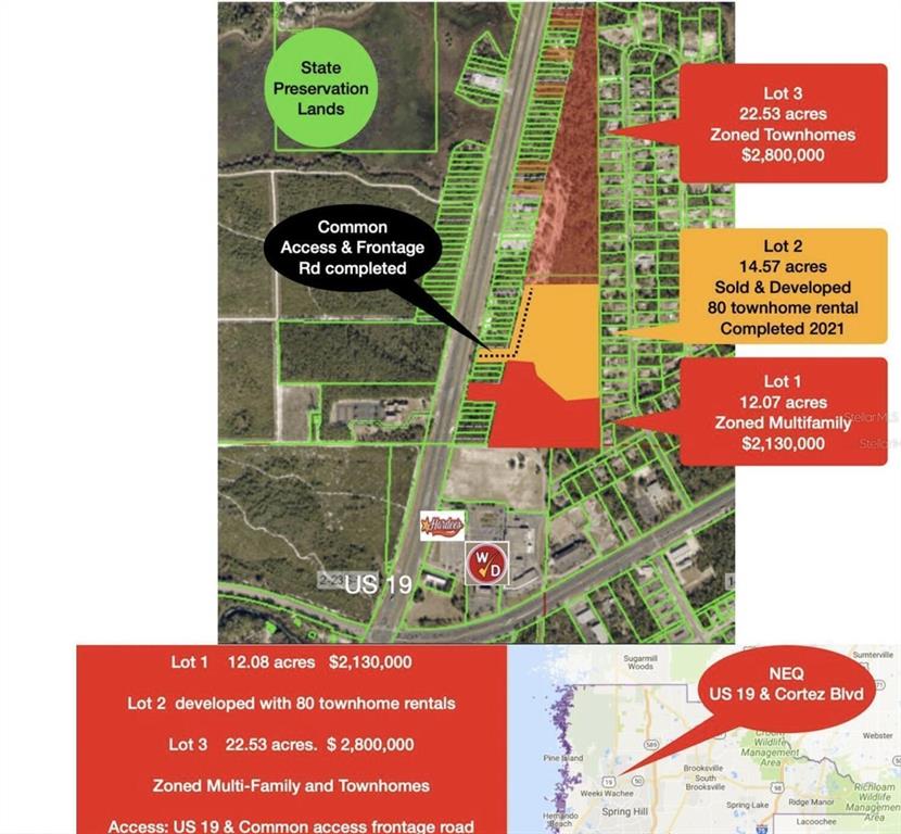 This map shows three land parcels for sale along US 19 with zoning information — COMMERCIAL WAY, BROOKSVILLE, FL