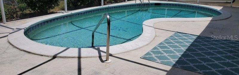A kidney-shaped swimming pool with a metal handrail sits on a paved patio — 418 MEDICI COURT, PUNTA GORDA, FL