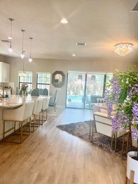 An open-concept kitchen and living area features light wood flooring, pendant lighting, and sliding doors — 2667 NORTHWOOD PARK STREET, VALRICO, FL