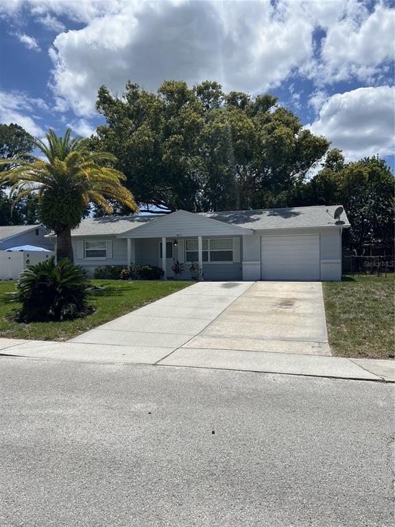A single-story house with a white exterior, a garage, and a palm tree in front — 4813 DOGWOOD STREET, NEW PORT RICHEY, FL