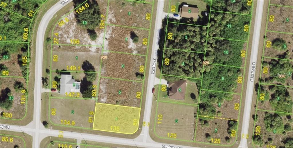 This is an aerial map showing residential land parcels and streets — 165 WALDO STREET, PORT CHARLOTTE, FL