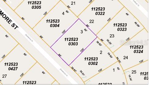 This is a property tax map showing parcel boundaries, lot numbers, and dimensions — DUNMORE STREET, NORTH PORT, FL