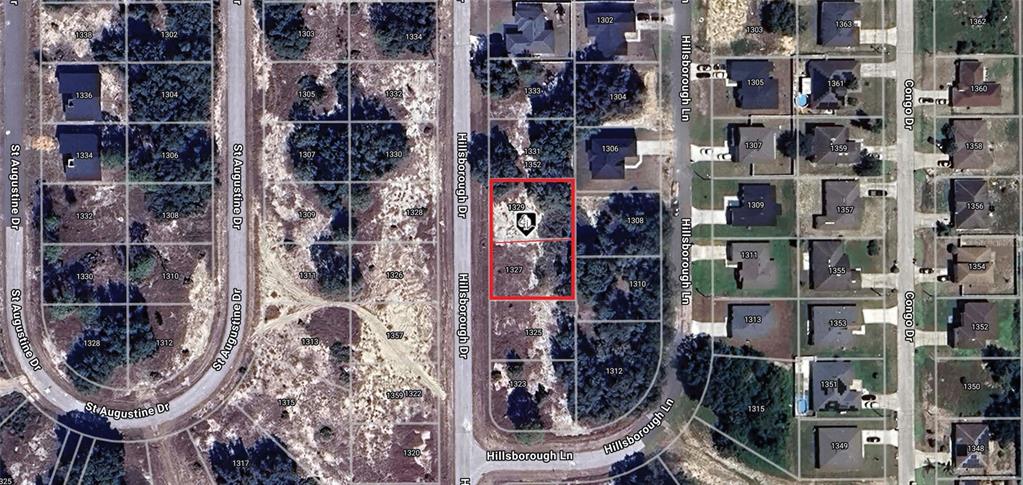 This aerial map shows two adjacent vacant residential lots outlined in red on Hillsborough Drive — 1327 & 1329 HILLSBOROUGH DRIVE, KISSIMMEE, FL