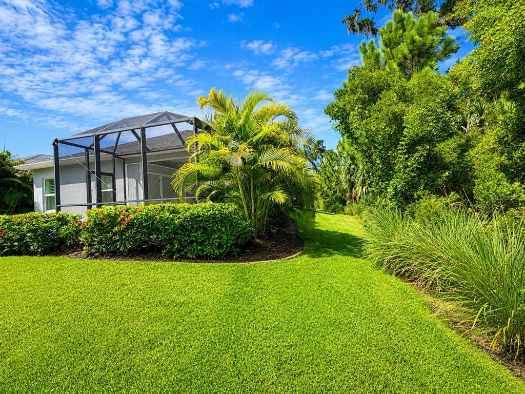 A backyard view of a house with a screened-in patio, palm tree, and lush landscaping — 10806 PINE BLUFF GLEN, PARRISH, FL