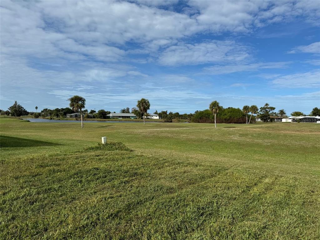 A wide, grassy field features scattered palm trees under a blue sky with clouds — 48 OAKLAND HILLS COURT, ROTONDA WEST, FL