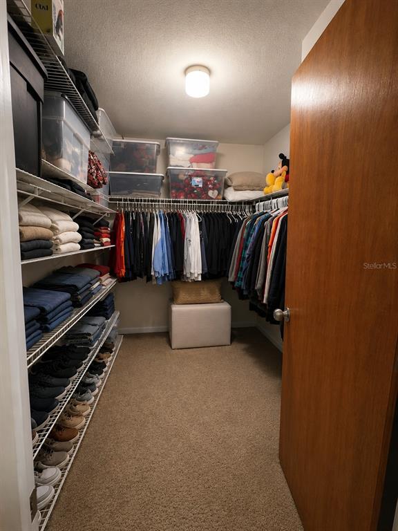 A walk-in closet features wire shelving, hanging clothes, storage bins, and carpeted flooring — 7054 LEXINGTON CIRCLE, BROOKSVILLE, FL