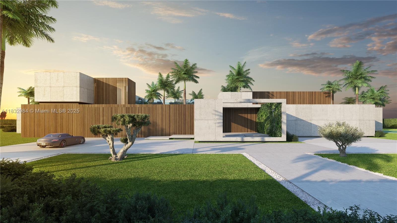 This rendering shows a modern concrete and wood house with a driveway and palm trees — 4761 Akai Dr, Southwest Ranches FL 33332, SOUTHWEST RANCHES, FL