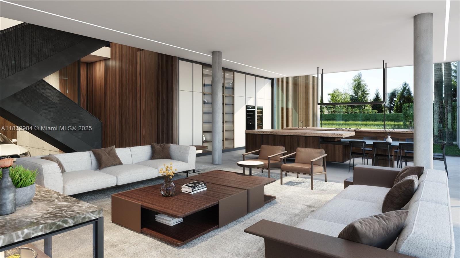 This rendering shows a modern open-concept living room and kitchen with wood paneling and stairs — 4761 Akai Dr, Southwest Ranches FL 33332, SOUTHWEST RANCHES, FL