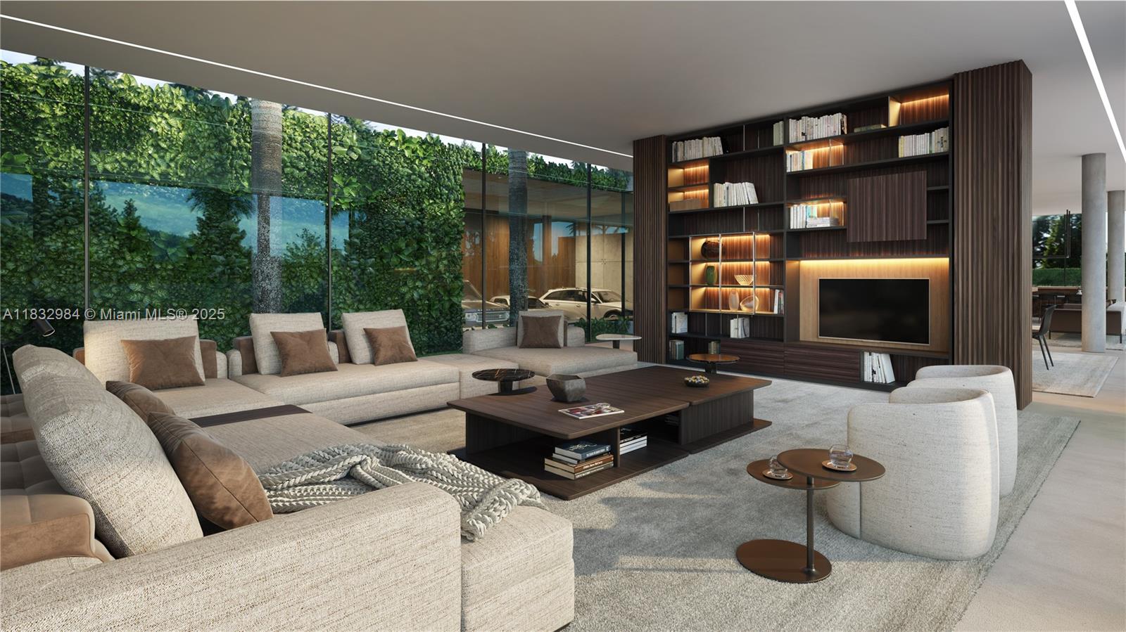 This rendering shows a modern living room with a large sectional, built-in shelving, and floor-to-ceiling windows — 4761 Akai Dr, Southwest Ranches FL 33332, SOUTHWEST RANCHES, FL