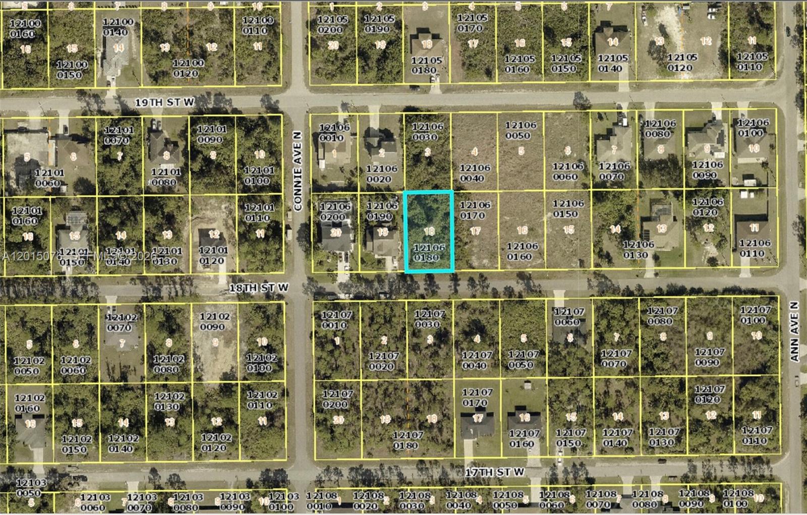 This is an aerial map showing residential land parcels and street layouts — 2514 18th St W, Lehigh Acres FL 33971, LEHIGH ACRES, FL
