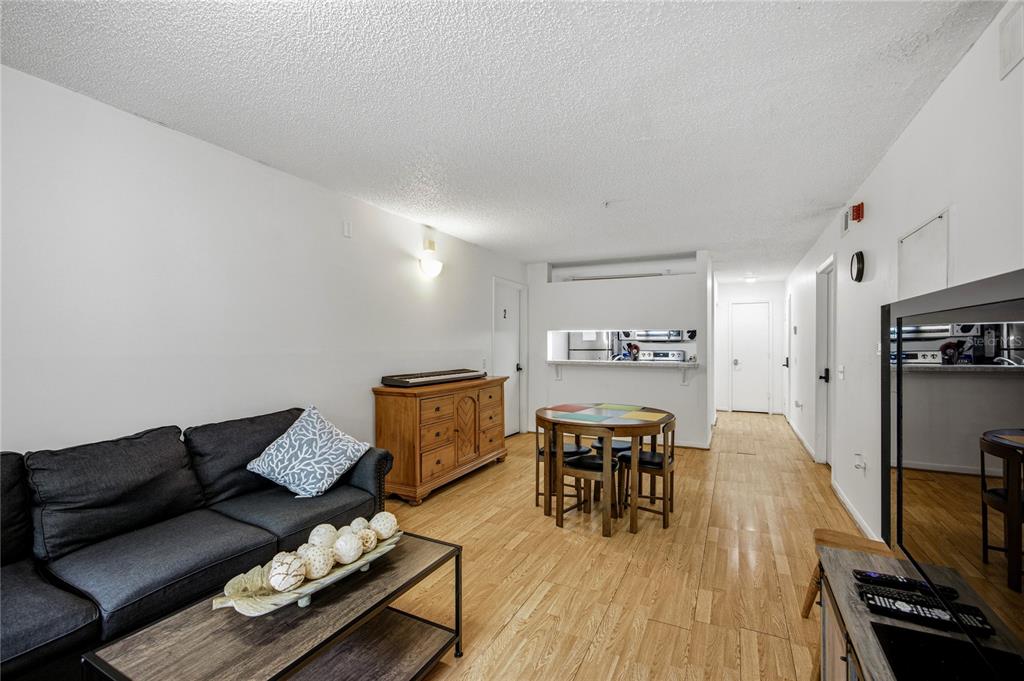 A living room with wood flooring features a dark sofa, dining table, and kitchen pass-through — 3921 SW 34TH STREET UNIT 1C, GAINESVILLE, FL