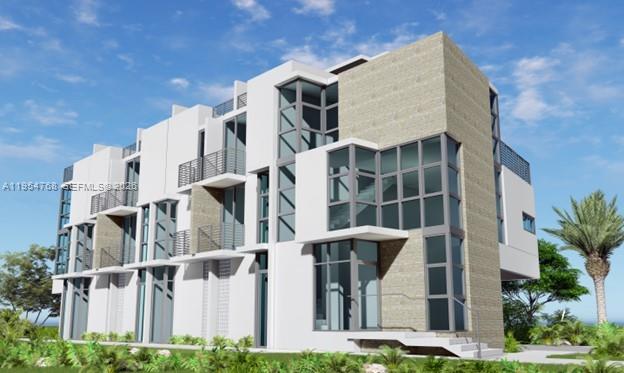 This is a digital rendering of a modern multi-story residential building with white and stone-textured facades — 2130 Verdun Dr, Miami Beach FL 33141, MIAMI BEACH, FL