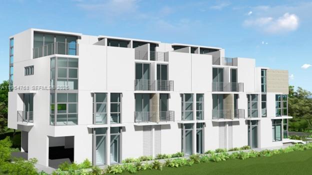A digital rendering of a modern, multi-story white townhouse complex with balconies and large windows — 2130 Verdun Dr, Miami Beach FL 33141, MIAMI BEACH, FL