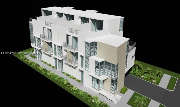 This is a digital architectural rendering of a multi-story modern townhouse complex — 2130 Verdun Dr, Miami Beach FL 33141, MIAMI BEACH, FL