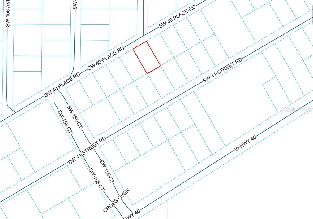 This is a map showing a rectangular property lot outlined in red — SW 40TH PLACE ROAD, OCALA, FL