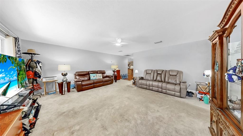 A spacious living room features beige carpeting, two leather sofas, and a wooden display cabinet — 38919 3RD AVENUE, ZEPHYRHILLS, FL