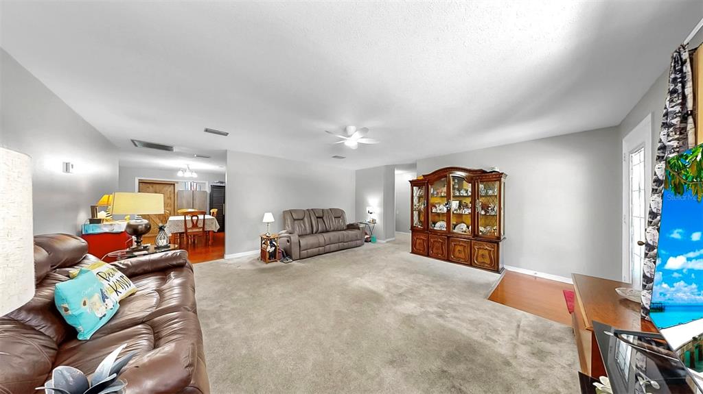 A living room features beige carpeting, a brown leather sofa, and a large wooden china cabinet — 38919 3RD AVENUE, ZEPHYRHILLS, FL