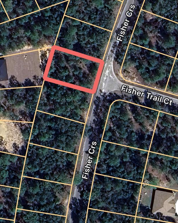 An aerial map shows a vacant, wooded lot highlighted in red near a residential street — 0 FISHER COURSE UNIT 9, OCKLAWAHA, FL