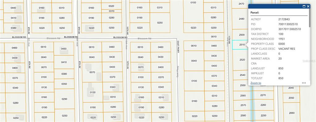 This is a digital map showing property parcel boundaries, street names, and tax assessment data — 11TH, DELAND, FL