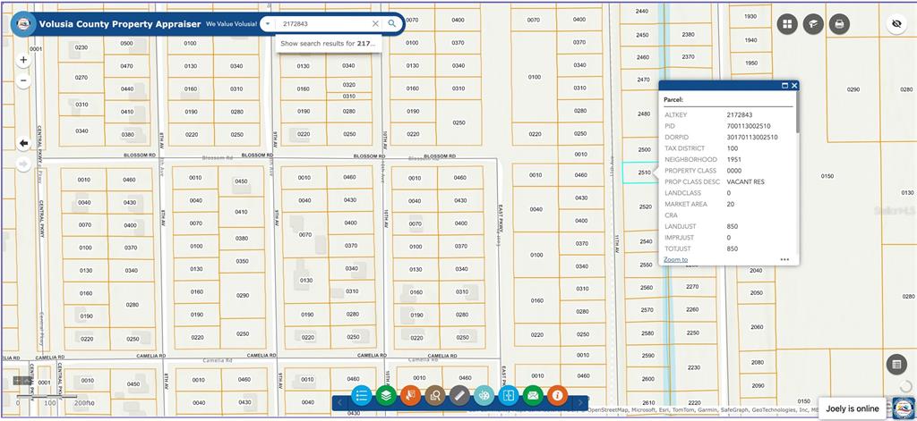 This is a digital map showing property parcel boundaries and identification numbers in Volusia County — 11TH, DELAND, FL