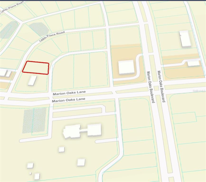 This is a map showing a highlighted rectangular property lot near Marion Oaks Boulevard — TBD SW 148 PL. RD, OCALA, FL