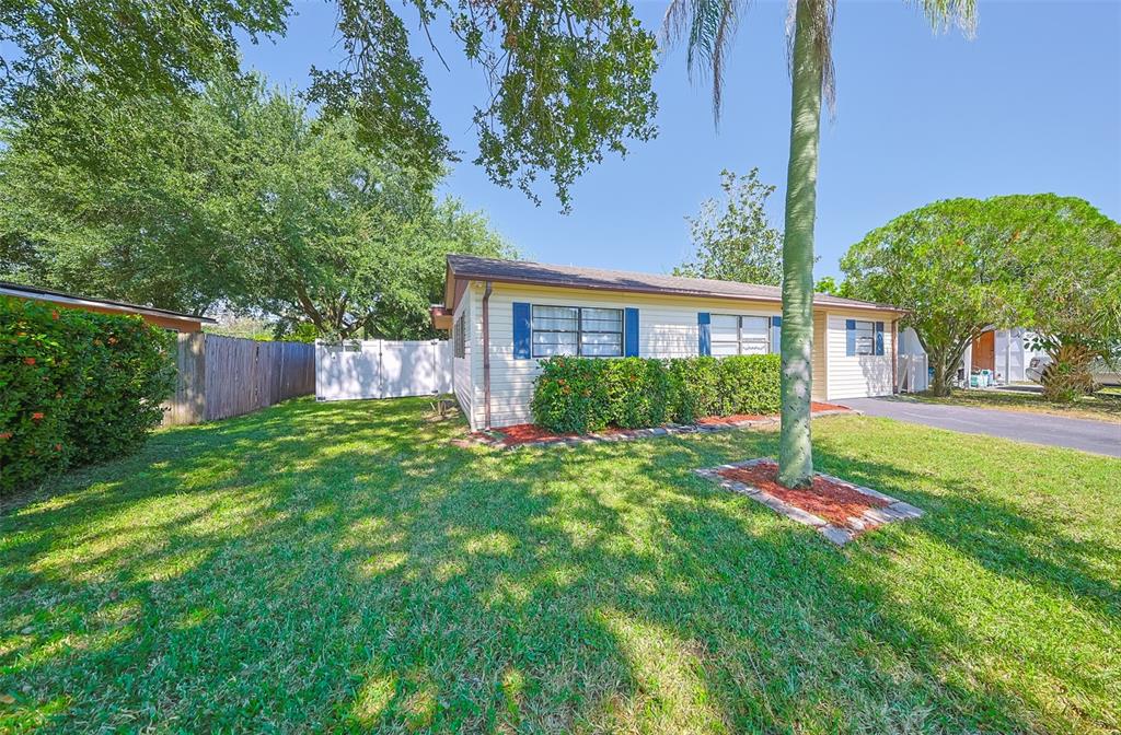 A single-story house with light siding, blue shutters, and a front lawn with a palm tree — 1507 76TH AVENUE N, ST PETERSBURG, FL