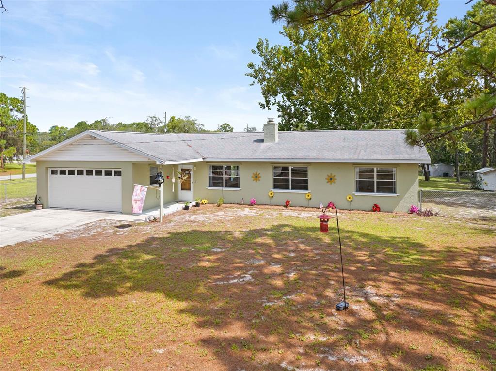 A single-story house with a light green exterior, a white garage door, and a shingled roof — 16517 DIPLOMAT DRIVE, SPRING HILL, FL