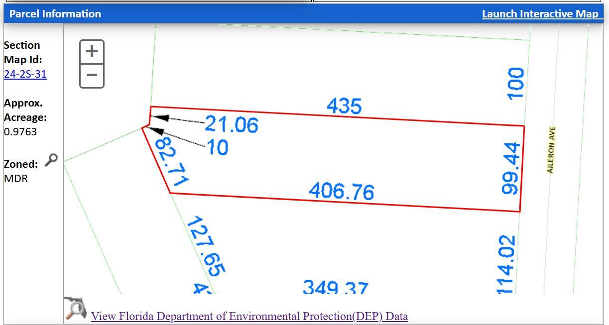 This image is a property map showing the dimensions and boundaries of a land parcel — 9897 Aileron Avenue, FL 32506, FL