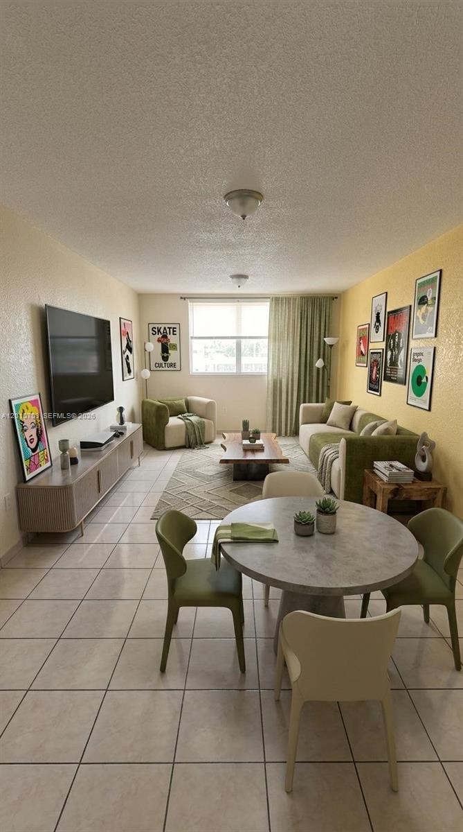 A living and dining area features tile floors, olive green furniture, and a gallery wall — 666 W 81st St # 316, Hialeah FL 33014, HIALEAH, FL