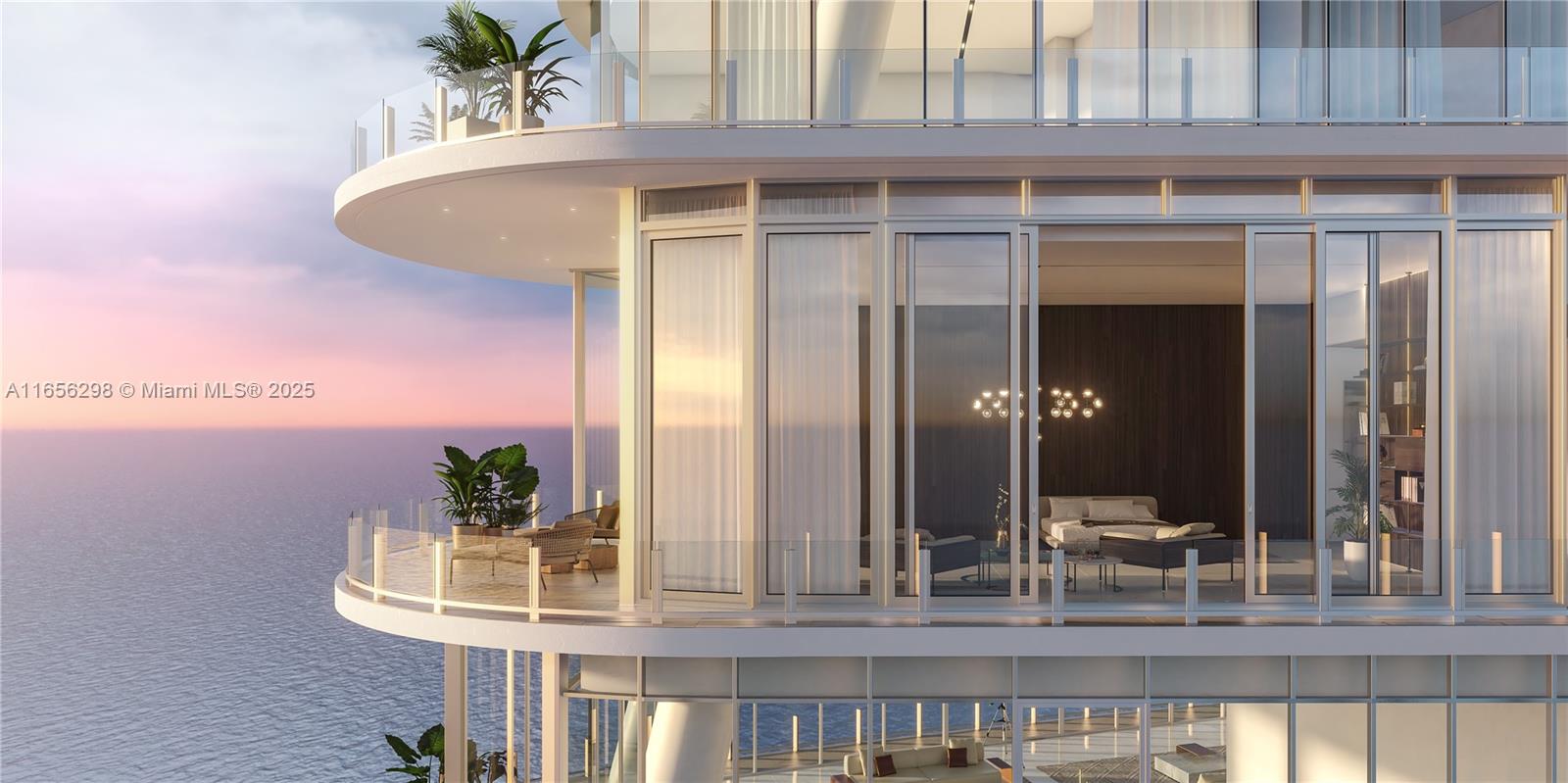 This is a rendering of a modern high-rise balcony and interior bedroom overlooking the ocean — 300 Biscayne Blvd Way # 6301, Miami FL 33131, MIAMI, FL