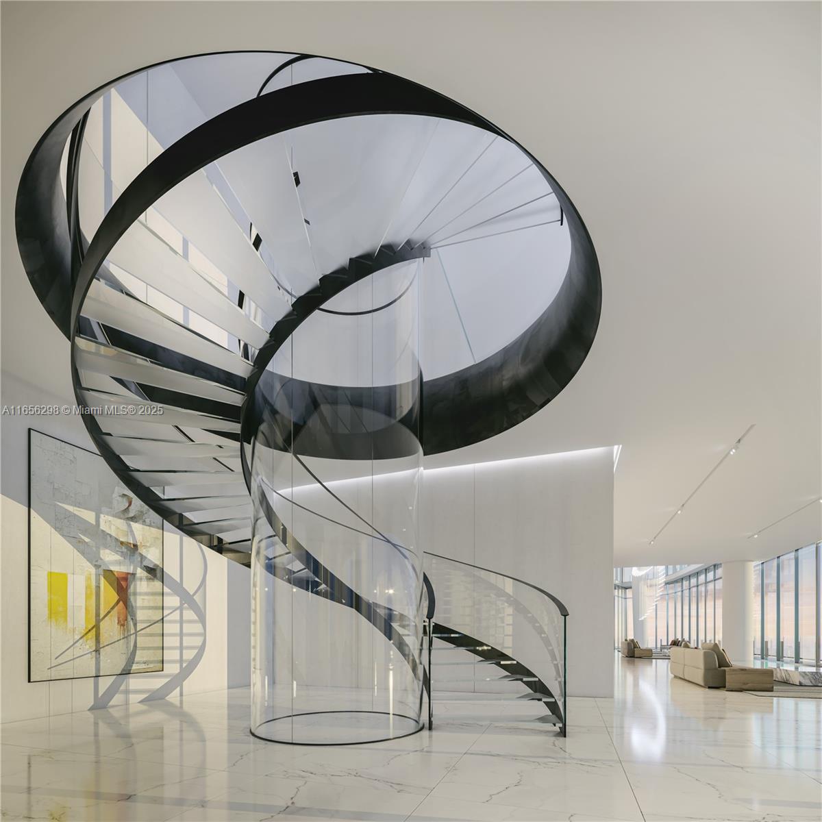 This rendering shows a modern interior with a prominent spiral staircase and marble flooring — 300 Biscayne Blvd Way # 6301, Miami FL 33131, MIAMI, FL